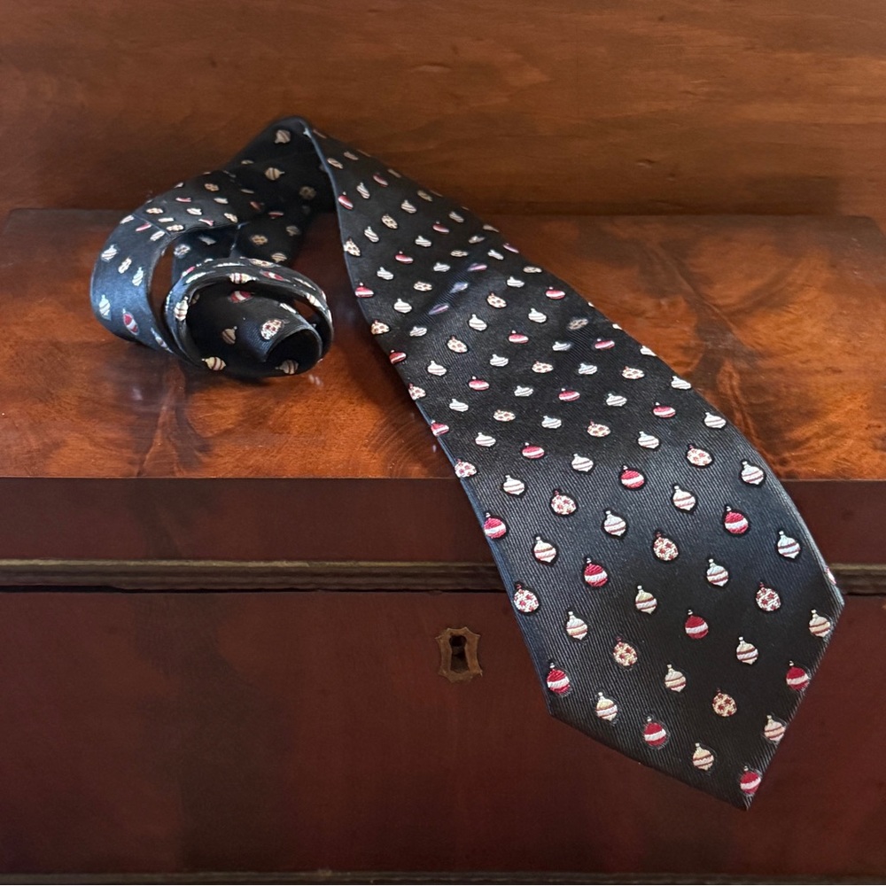 Pierre Cardin Black Silk Holiday Tie with Red & White Christmas Ornament Pattern